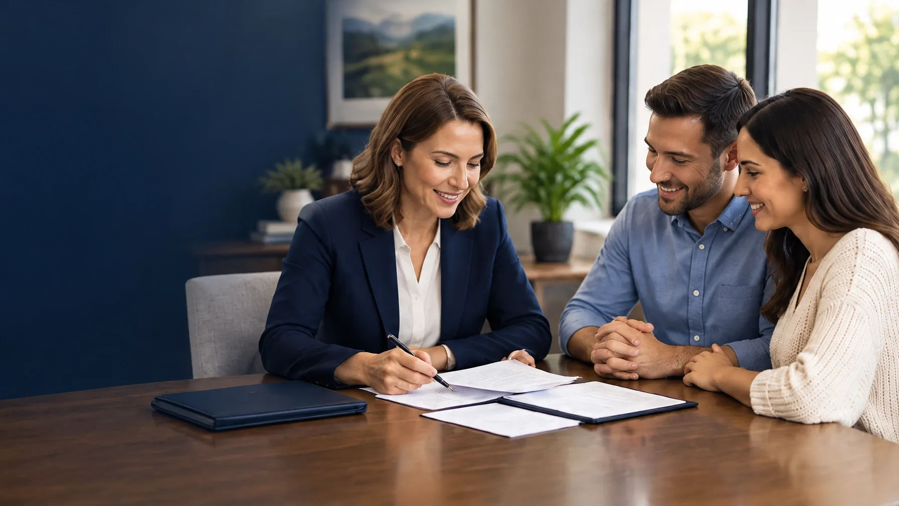 A real estate attorney reviewing closing documents with homebuyers